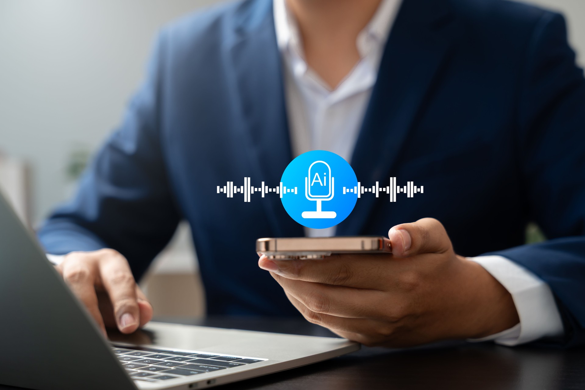 AI voice assistant technology, Speech recognition tech, Businessman using smartphone with virtual microphone icon and soundwave interface UI for AI voice command and smart interaction