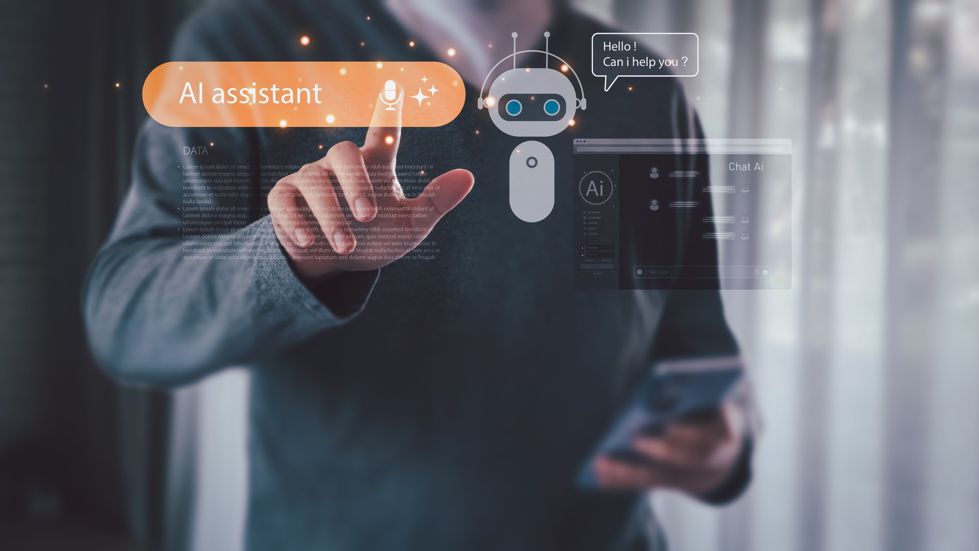 AI assistant and chatbot concept. A person uses a smartphone and interacts with a holographic interface