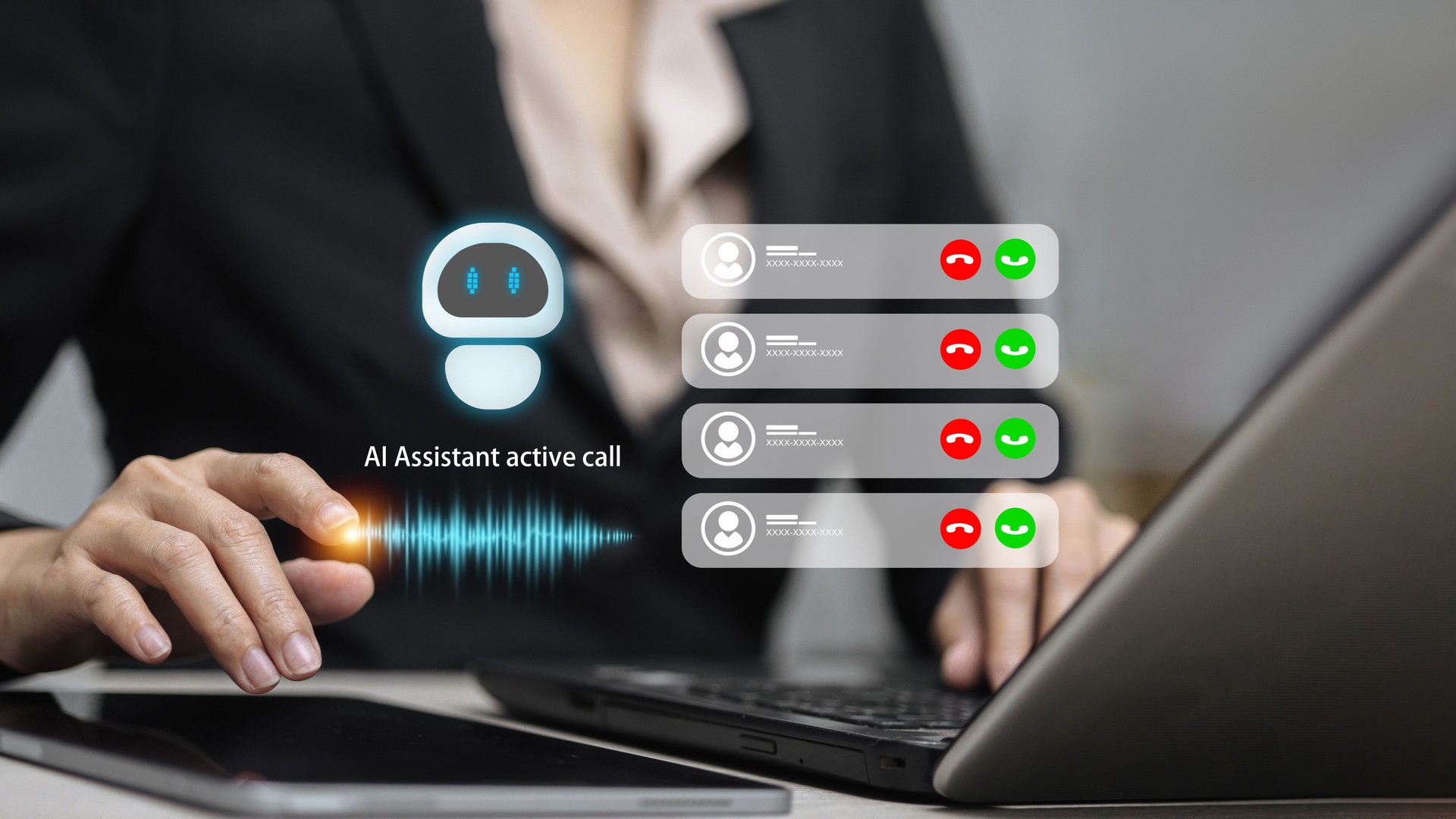 Businesswoman using AI assistant active call interface, virtual voice assistant and communication technology concept