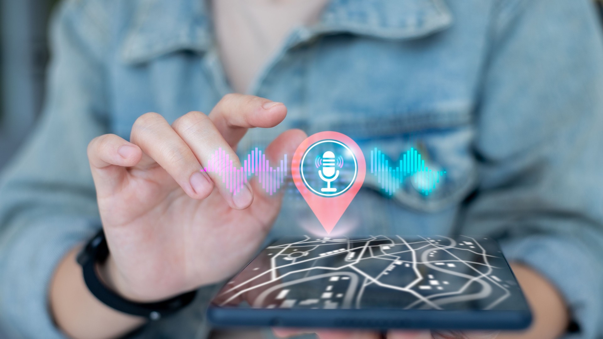 Hand using voice command on smartphone with digital map and GPS location pin hologram, concept of AI navigation, smart assistant, online delivery, and modern technology innovation.